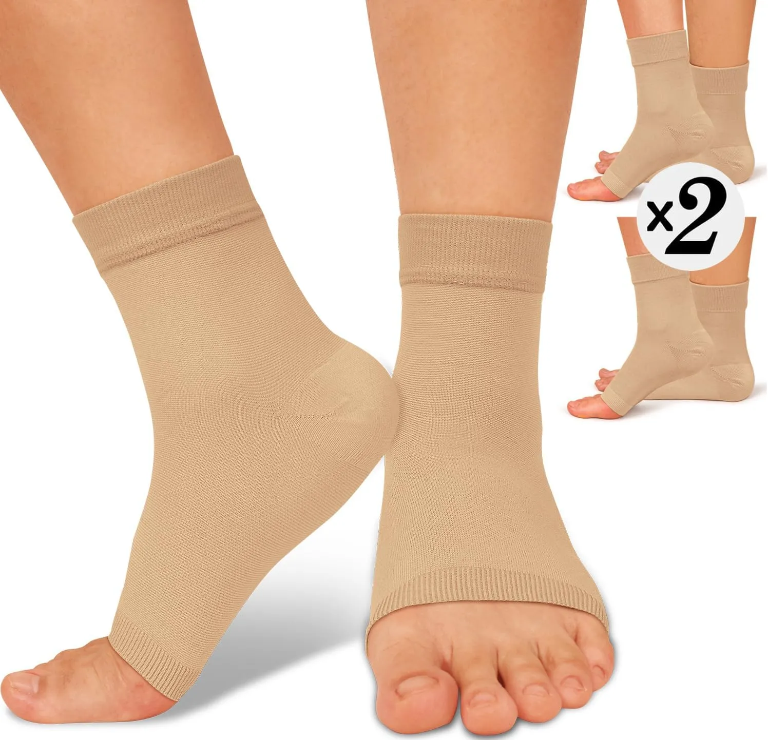 ACTINPUT 2 Pack Ankle Brace Compression Sleeve 8-15 mmHg Open Toe ompression Socks Women&Men for Swelling,Plantar Fasciitis,Sprain Beige S/M