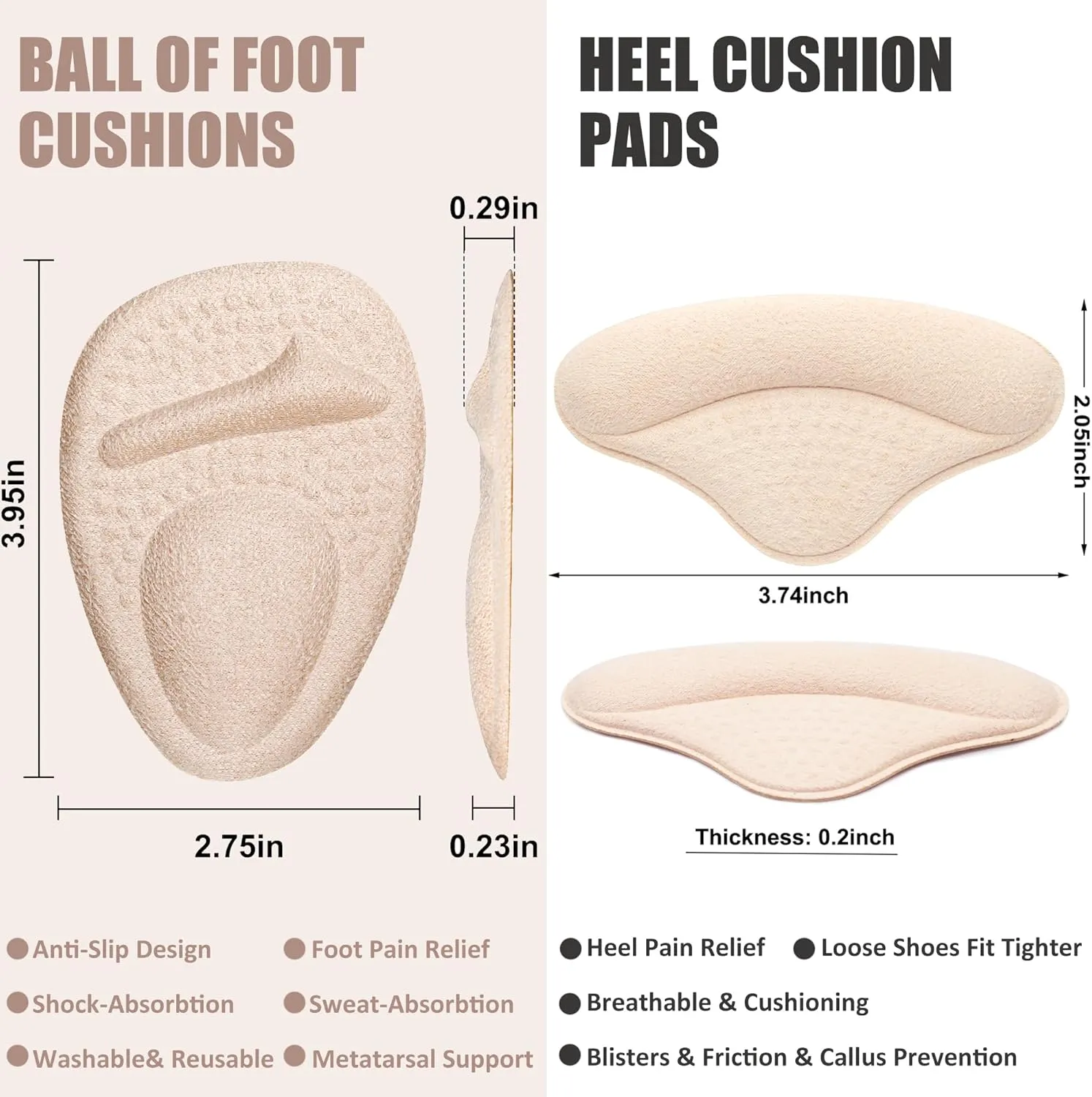 Ball of Foot Cushions, Metatarsal Pads, Heel Cushion, Grips Liners for Pain Relief, Blisters, Friction - Non-Slip Shoe Inserts for Loose Shoes, Shoe Fillers Make Shoes Fit Tighter
