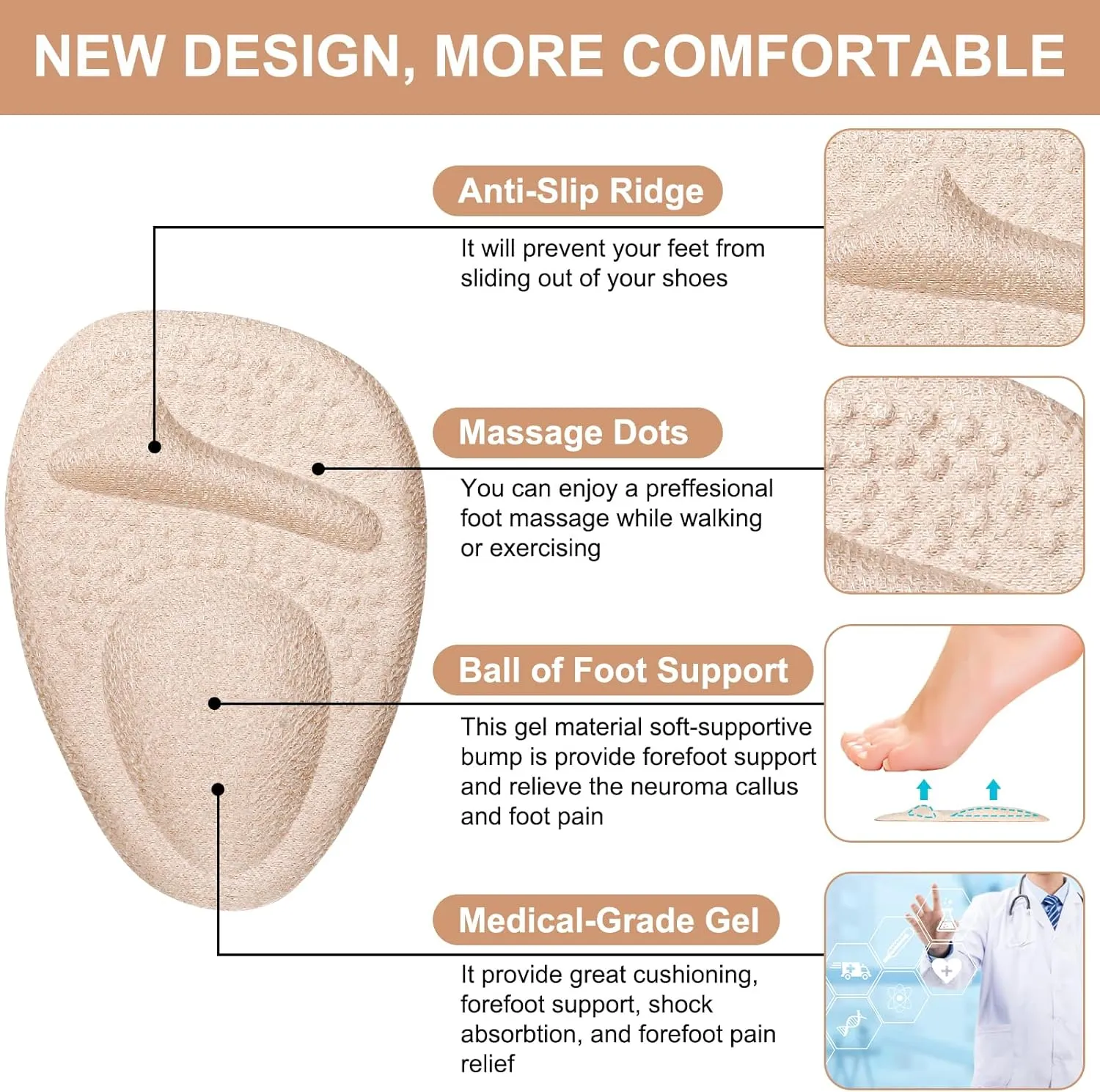 Ball of Foot Cushions, Metatarsal Pads, Heel Cushion, Grips Liners for Pain Relief, Blisters, Friction - Non-Slip Shoe Inserts for Loose Shoes, Shoe Fillers Make Shoes Fit Tighter