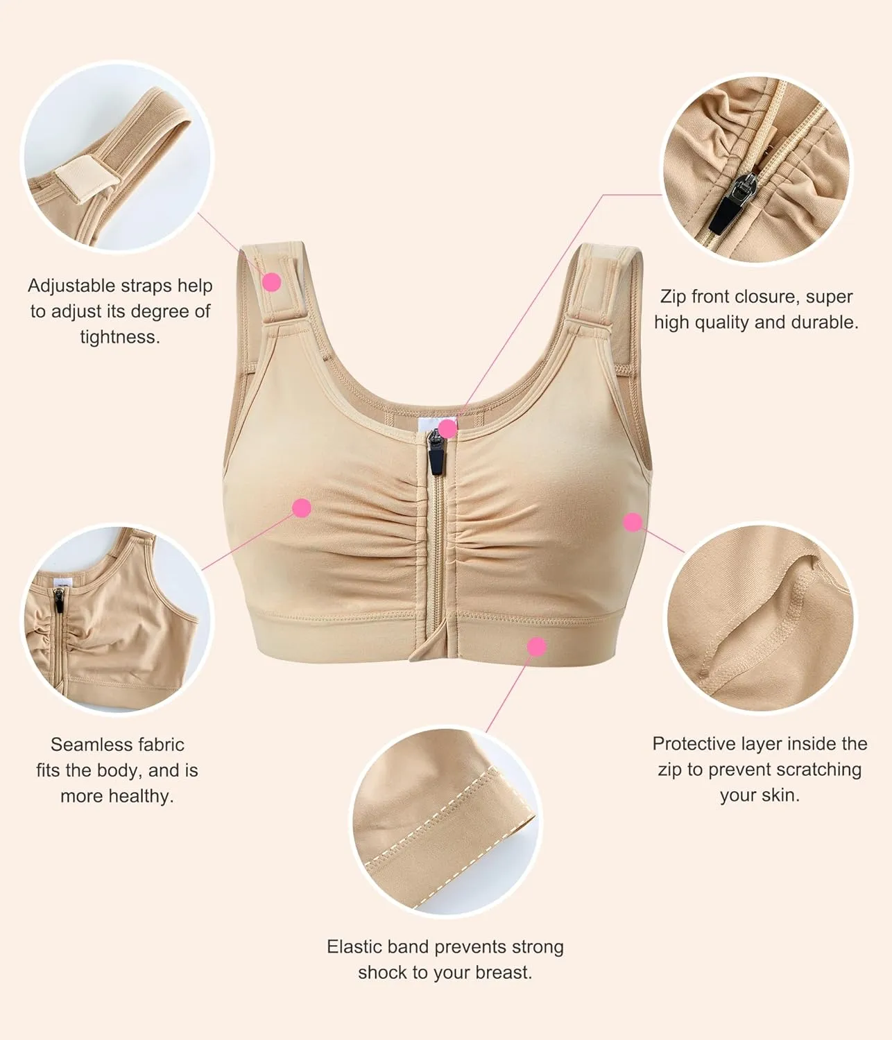 BRABIC Zip Front Closure Everyday Bra for Women Post Surgery Compression Support with Adjustable Straps Wirefree