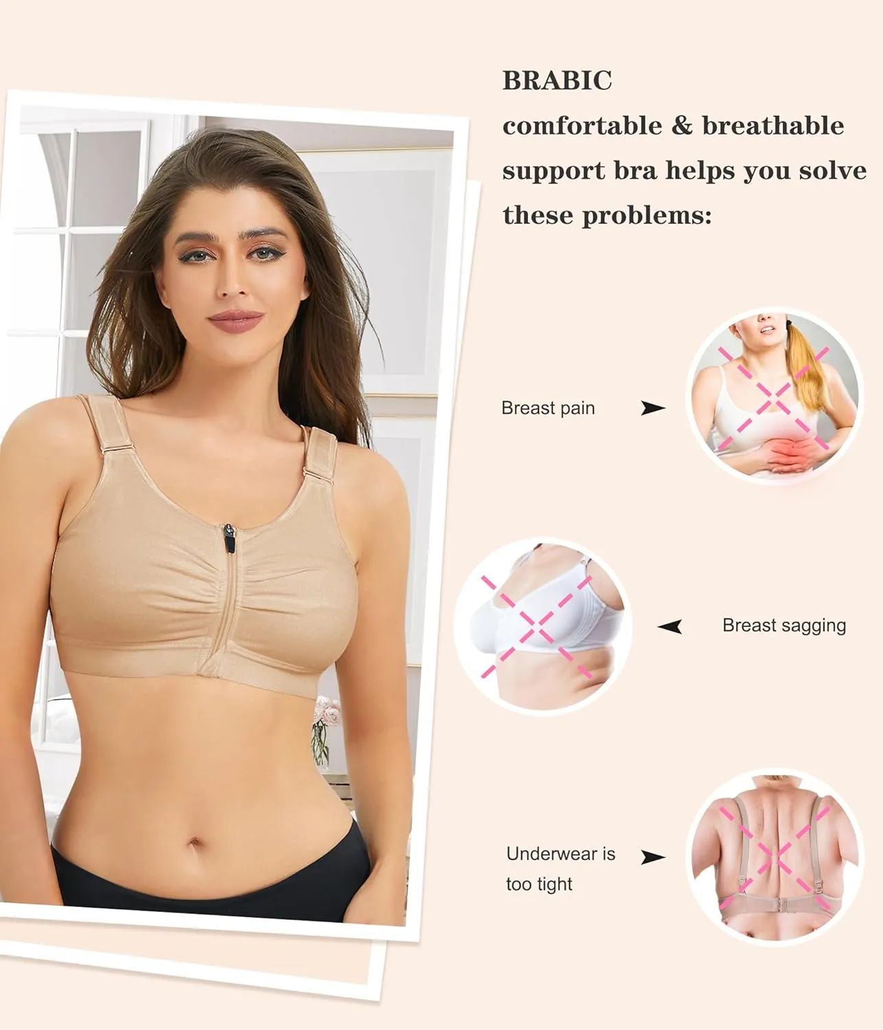 BRABIC Zip Front Closure Everyday Bra for Women Post Surgery Compression Support with Adjustable Straps Wirefree