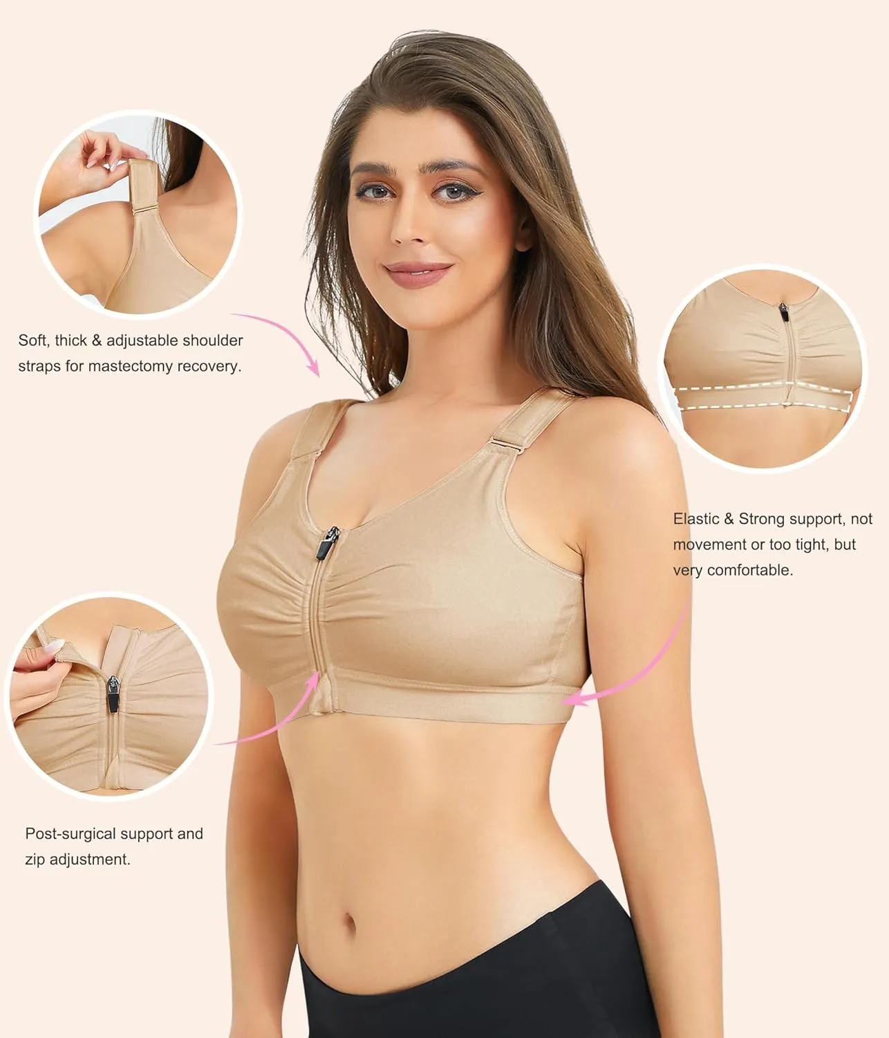 BRABIC Zip Front Closure Everyday Bra for Women Post Surgery Compression Support with Adjustable Straps Wirefree