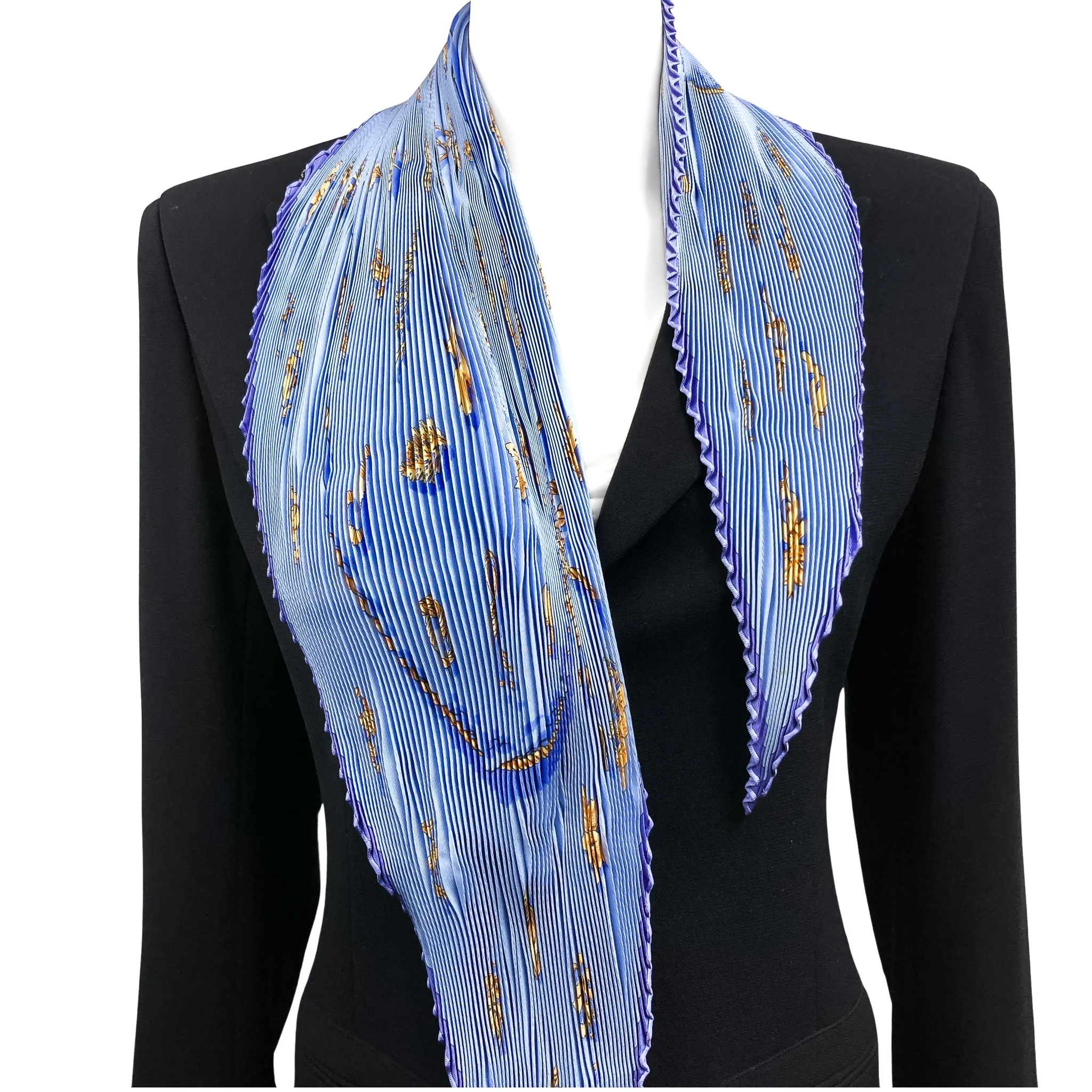 Clips Hermes Scarf by Rybal 90cm Silk Plissé Light Blue w/Box