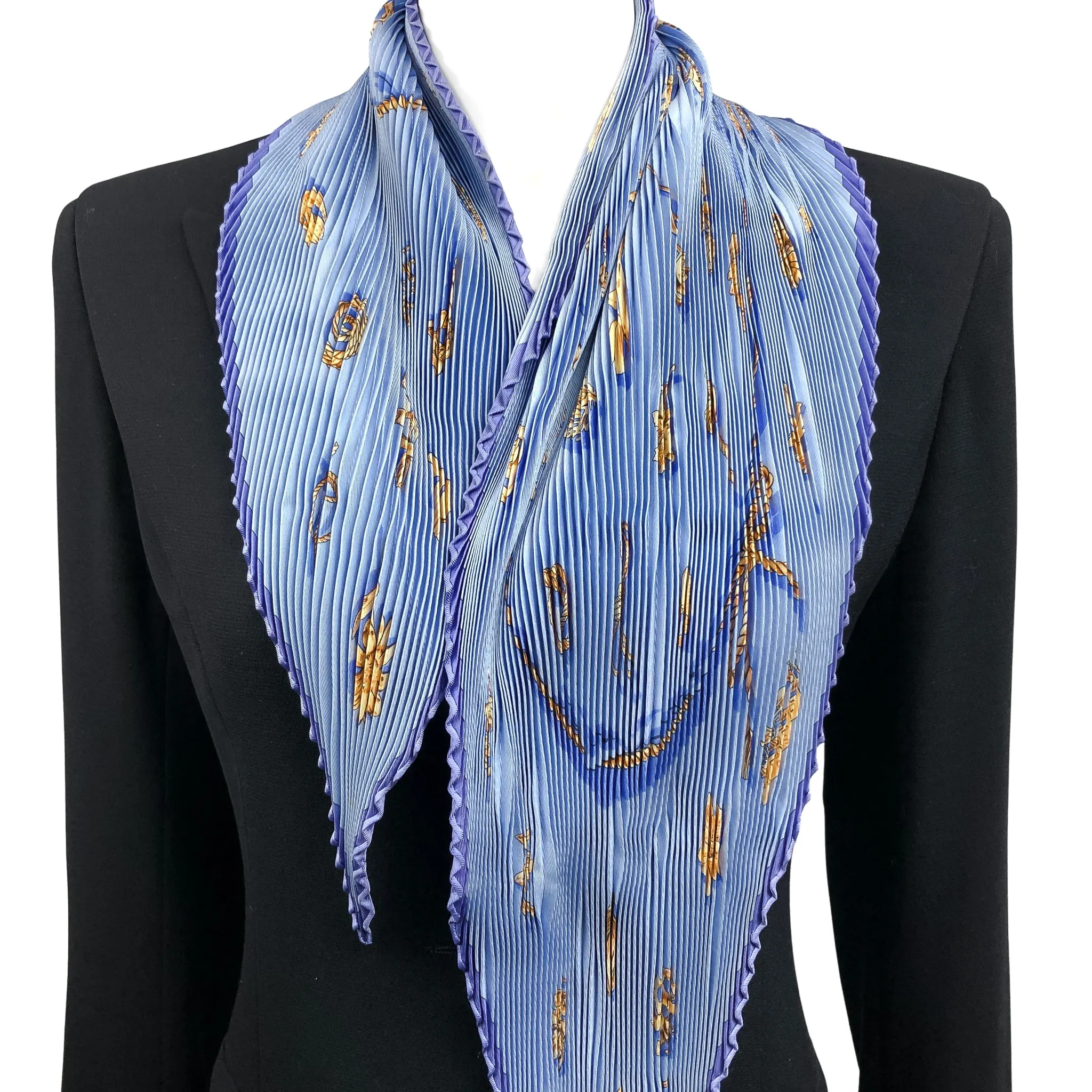 Clips Hermes Scarf by Rybal 90cm Silk Plissé Light Blue w/Box