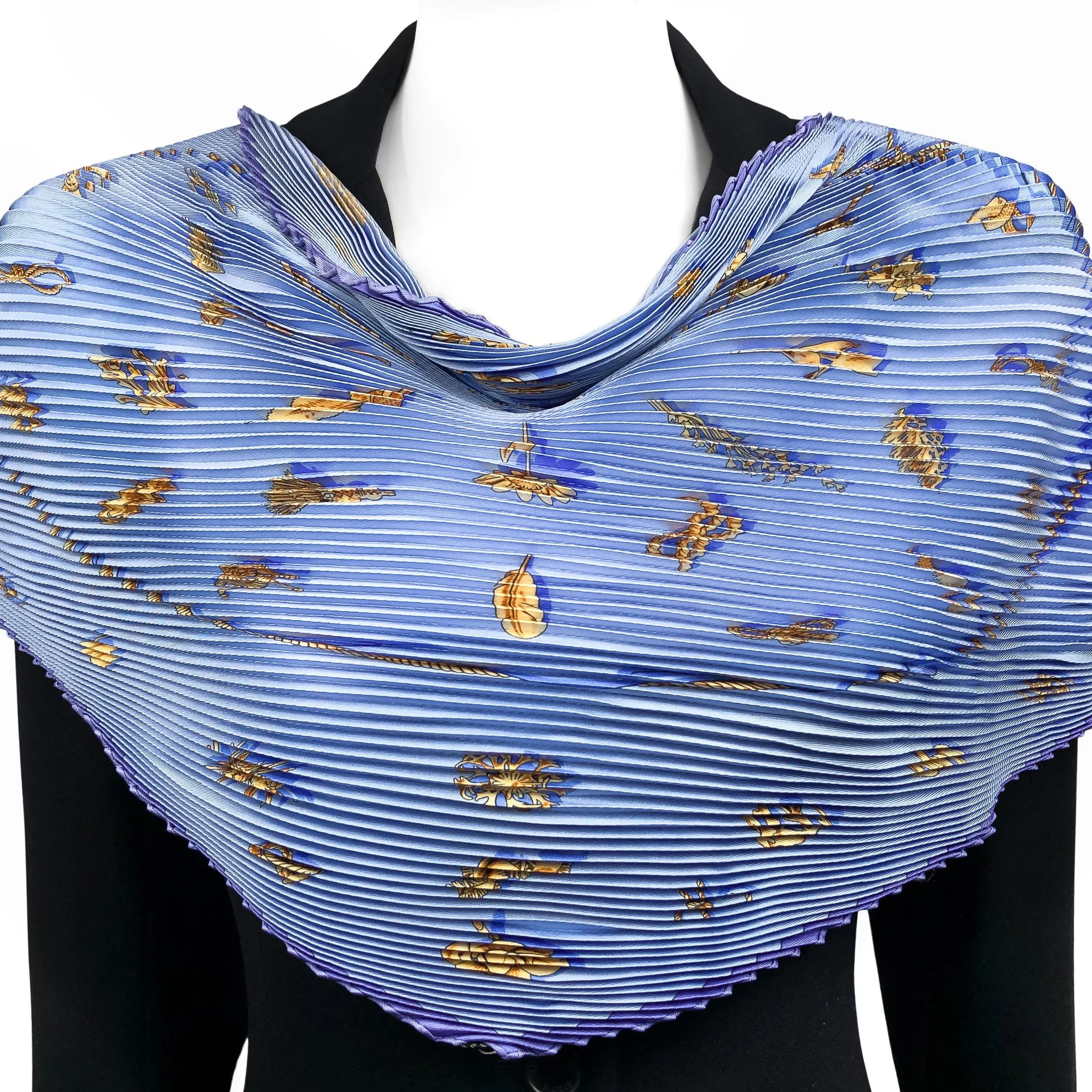 Clips Hermes Scarf by Rybal 90cm Silk Plissé Light Blue w/Box