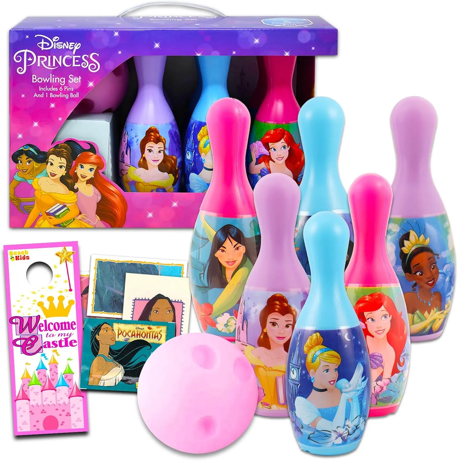 Disney Princess Bowling Set for Toddlers, Kids - 3 Pc Bundle with Princess Bowling Set Plus Stickers and More | Princess Playset