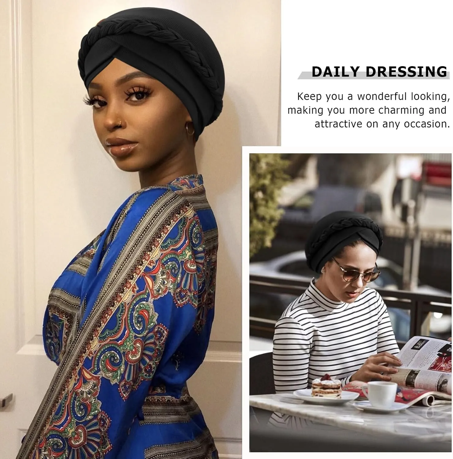 DRESHOW African Women Turban Caps Beanie Twist Headscarf Pre-Tied Double Twisted Braid Hair Cover Wrap Hat Chemo Cancer Cap