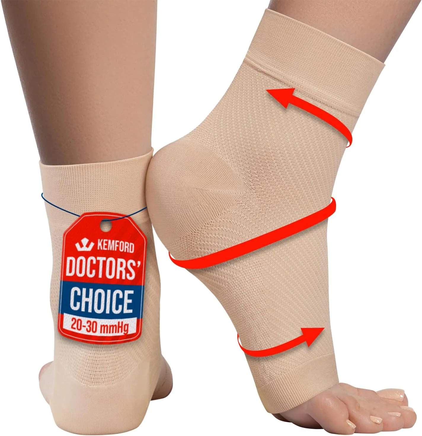 KEMFORD Ankle Compression Sleeve - 2-Pack, Plantar Fasciitis Braces - Open Toe Compression Socks for Swelling, Sprain, Neuropathy, Foot Arch Support for Men and Women - 20-30mmhg, M, Beige