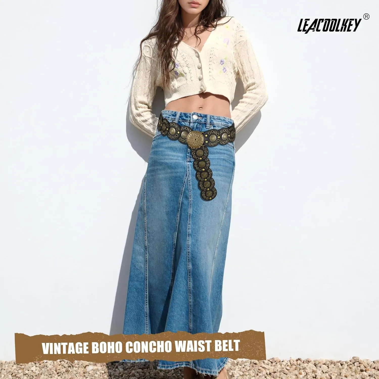 LEACOOLKEY Hollow Disc Belt Western Leather Belt Boho Concho Belt Vintage Waist Belt for Women