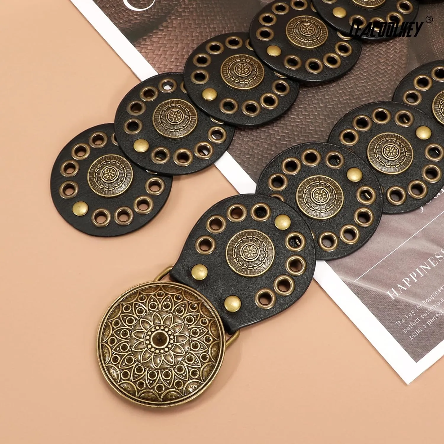 LEACOOLKEY Hollow Disc Belt Western Leather Belt Boho Concho Belt Vintage Waist Belt for Women