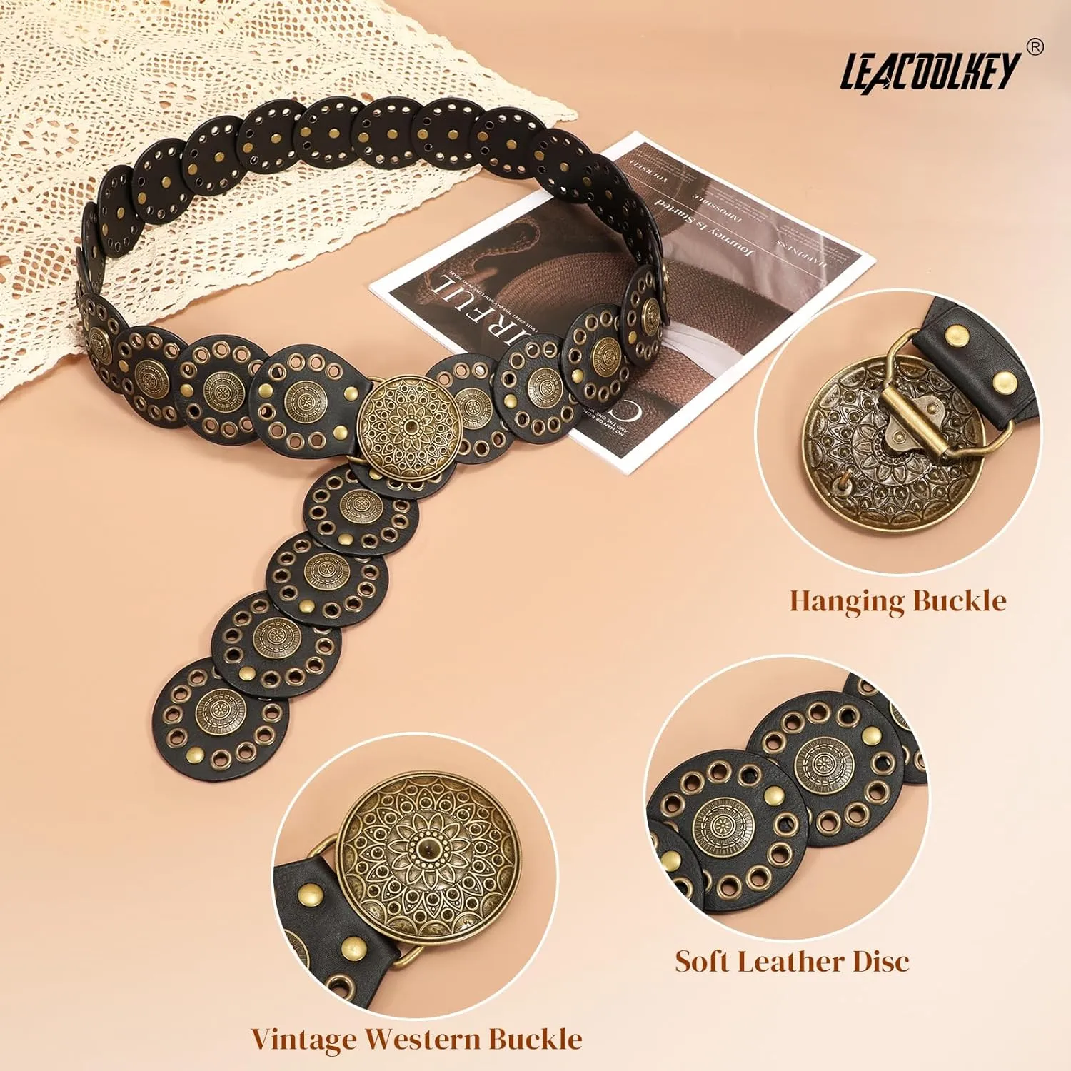 LEACOOLKEY Hollow Disc Belt Western Leather Belt Boho Concho Belt Vintage Waist Belt for Women