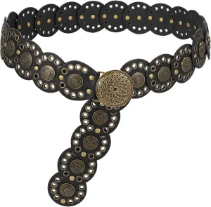 LEACOOLKEY Hollow Disc Belt Western Leather Belt Boho Concho Belt Vintage Waist Belt for Women