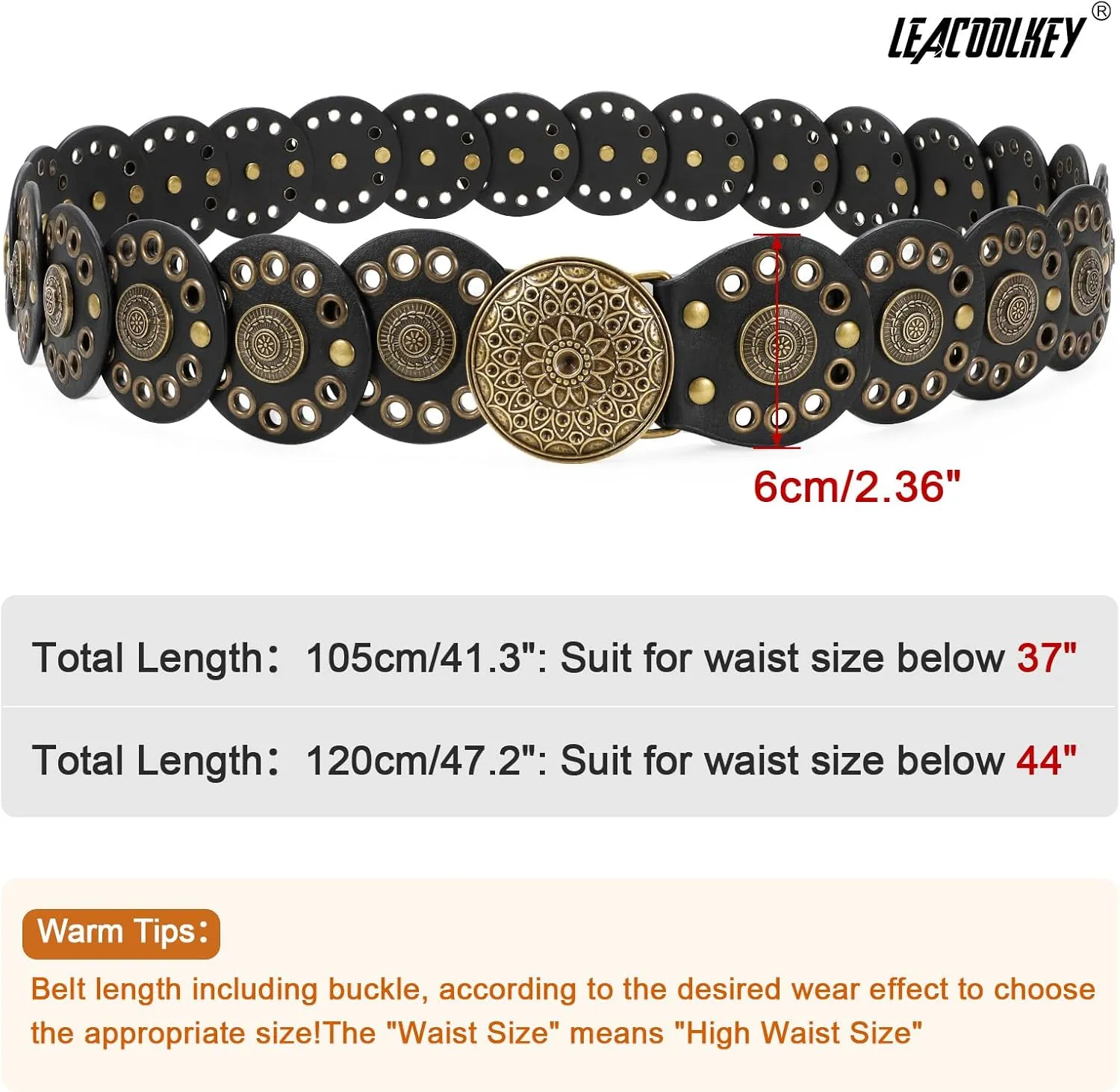 LEACOOLKEY Hollow Disc Belt Western Leather Belt Boho Concho Belt Vintage Waist Belt for Women