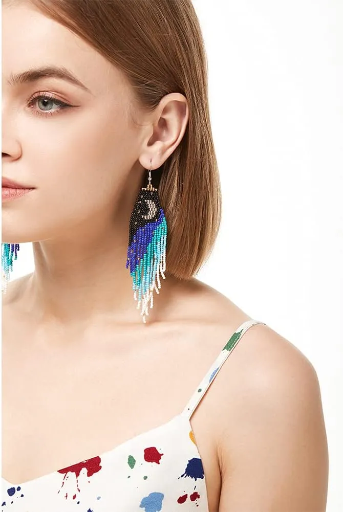 Long Beaded Tassel Earrings - Big Boho Statement Native Beaded Tassel Dangle Earrings for Women, Large Bohemian Handmade Seed Bead Fringe Earrings