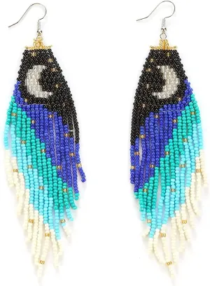 Long Beaded Tassel Earrings - Big Boho Statement Native Beaded Tassel Dangle Earrings for Women, Large Bohemian Handmade Seed Bead Fringe Earrings