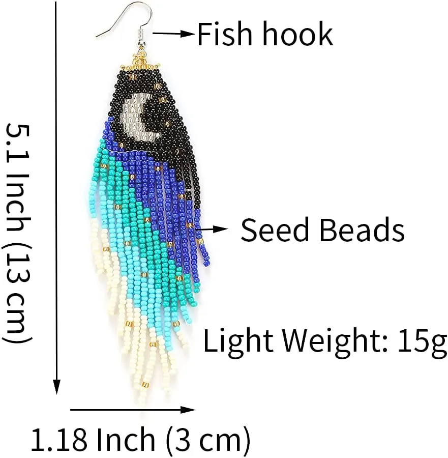 Long Beaded Tassel Earrings - Big Boho Statement Native Beaded Tassel Dangle Earrings for Women, Large Bohemian Handmade Seed Bead Fringe Earrings