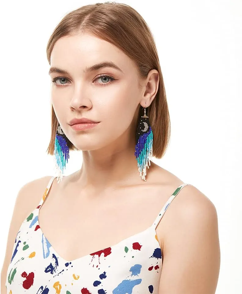 Long Beaded Tassel Earrings - Big Boho Statement Native Beaded Tassel Dangle Earrings for Women, Large Bohemian Handmade Seed Bead Fringe Earrings