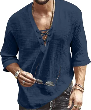 Men's Fashion Shirt Short Sleeve Beach V-Neck Drawstring Printing Yoga African Summer Top
