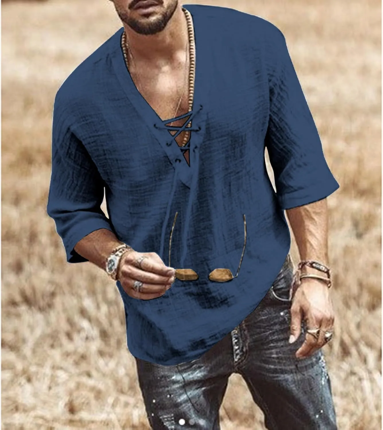 Men's Fashion Shirt Short Sleeve Beach V-Neck Drawstring Printing Yoga African Summer Top