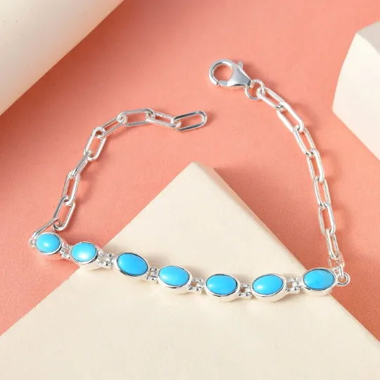 Natural Oval Cut Bezel Set Sleeping Beauty Turquoise Simple Bracelets - 925 Sterling Silver Boho Bracelets