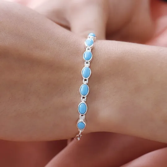 Natural Oval Cut Bezel Set Sleeping Beauty Turquoise Simple Bracelets - 925 Sterling Silver Boho Bracelets