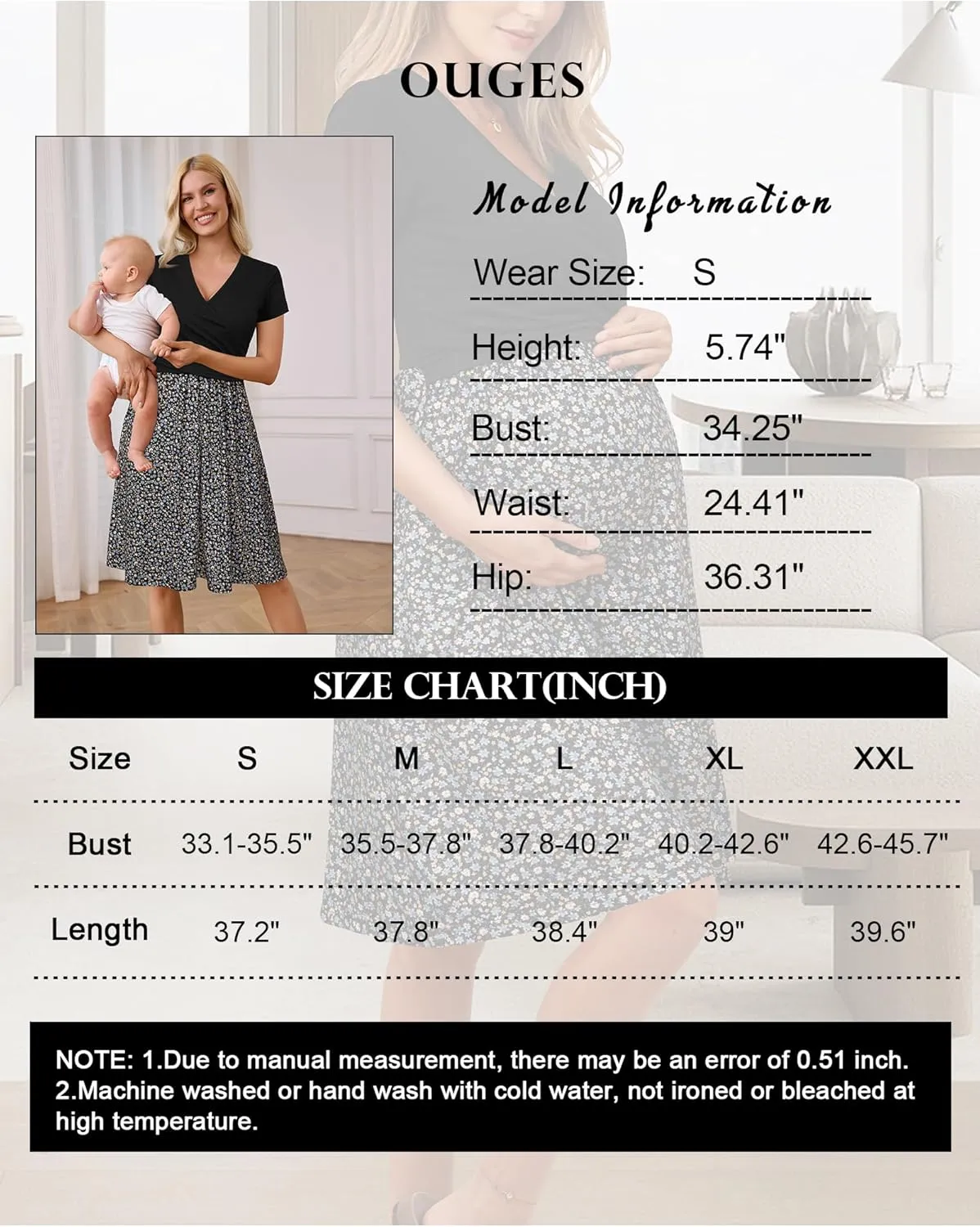 OUGES Women's 2025 Fashion V Neck Midi Dress with Pockets Maternity Clothes Nursing Dresses