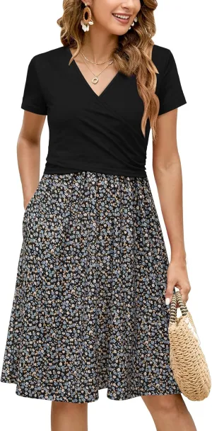 OUGES Women's 2025 Fashion V Neck Midi Dress with Pockets Maternity Clothes Nursing Dresses
