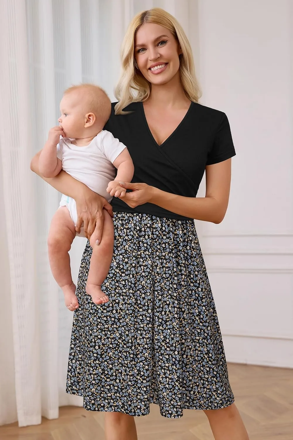 OUGES Women's 2025 Fashion V Neck Midi Dress with Pockets Maternity Clothes Nursing Dresses