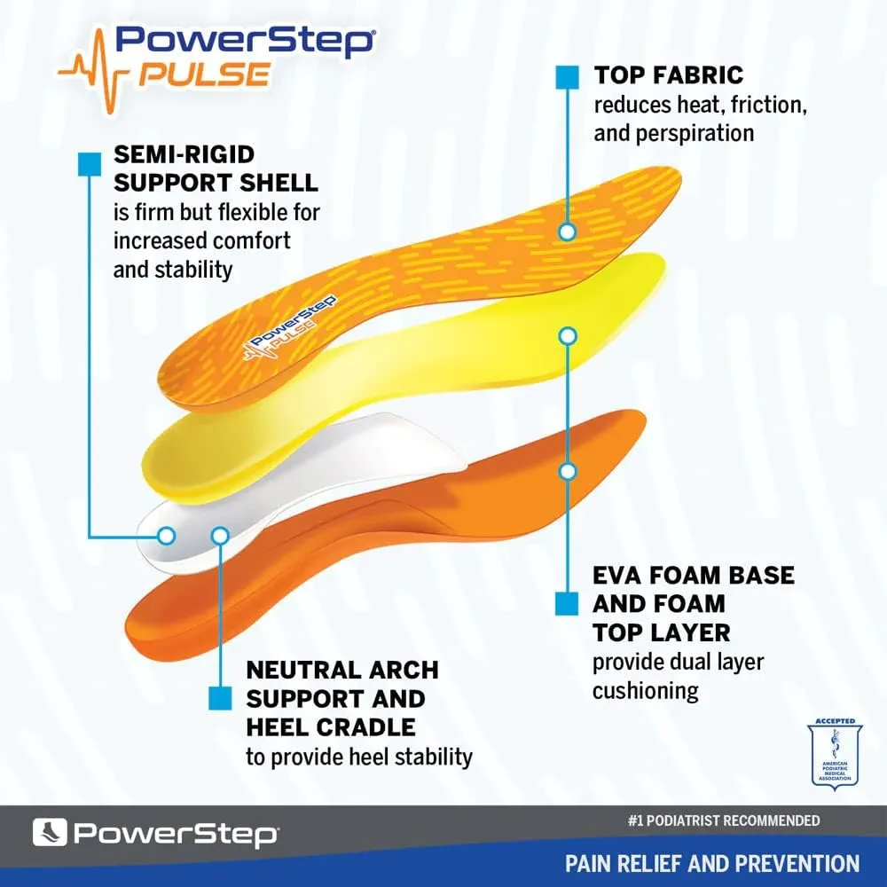 PowerStep Insoles, Pulse Performance, Running Shoe Pain Relief Insert, Athletic Arch Support Orthotic for Women and Men - Made in The USA (M 8-8.5, F 10-10.5)
