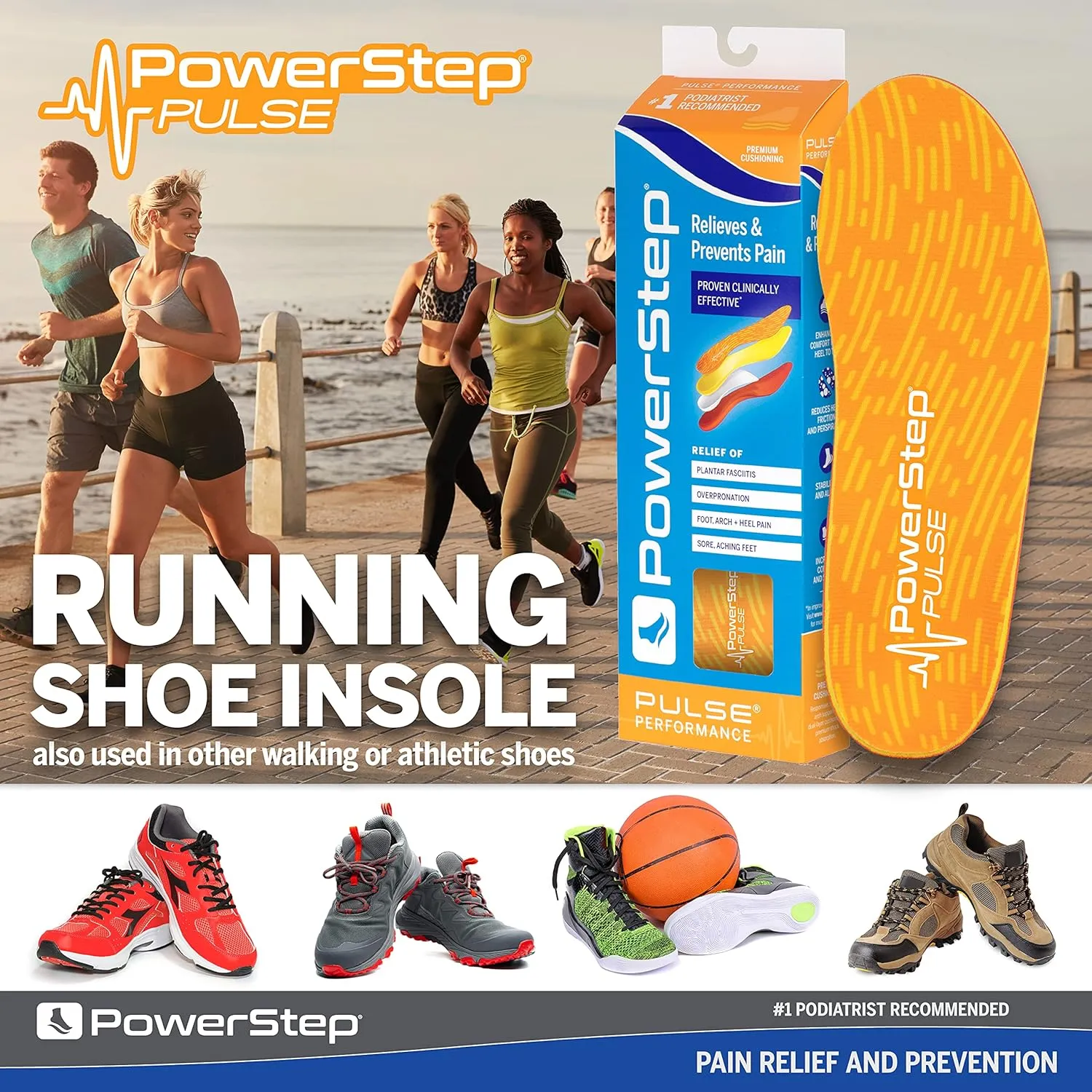 PowerStep Insoles, Pulse Performance, Running Shoe Pain Relief Insert, Athletic Arch Support Orthotic for Women and Men - Made in The USA (M 8-8.5, F 10-10.5)