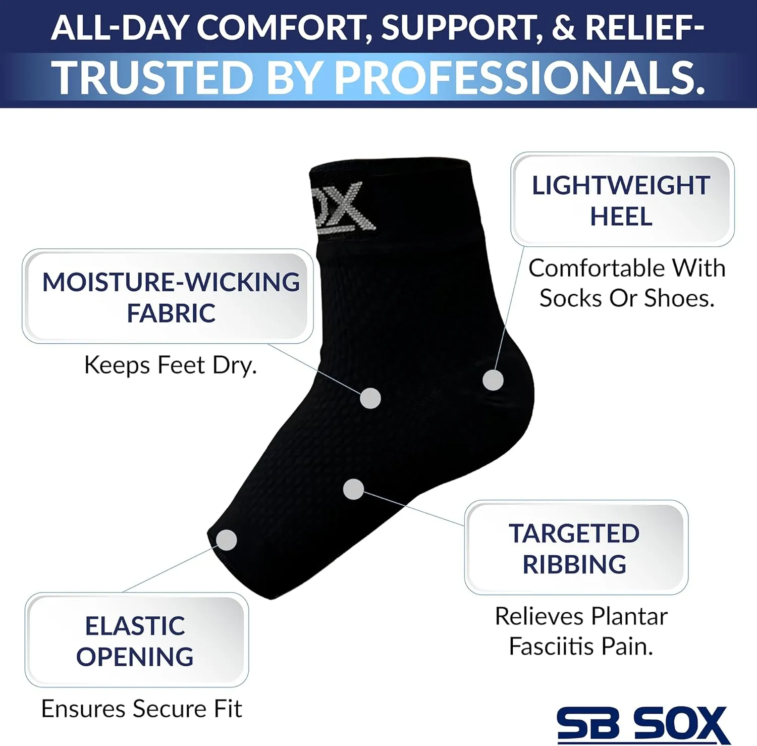 SB SOX Plantar Fasciitis Relief Socks - Night Splint & Foot Brace for Achilles Tendonitis, Heel Pain, and Arch Support  Foot Compression Sleeve for Recovery, Foot Swelling, and Fatigue (Solid Black, Large)