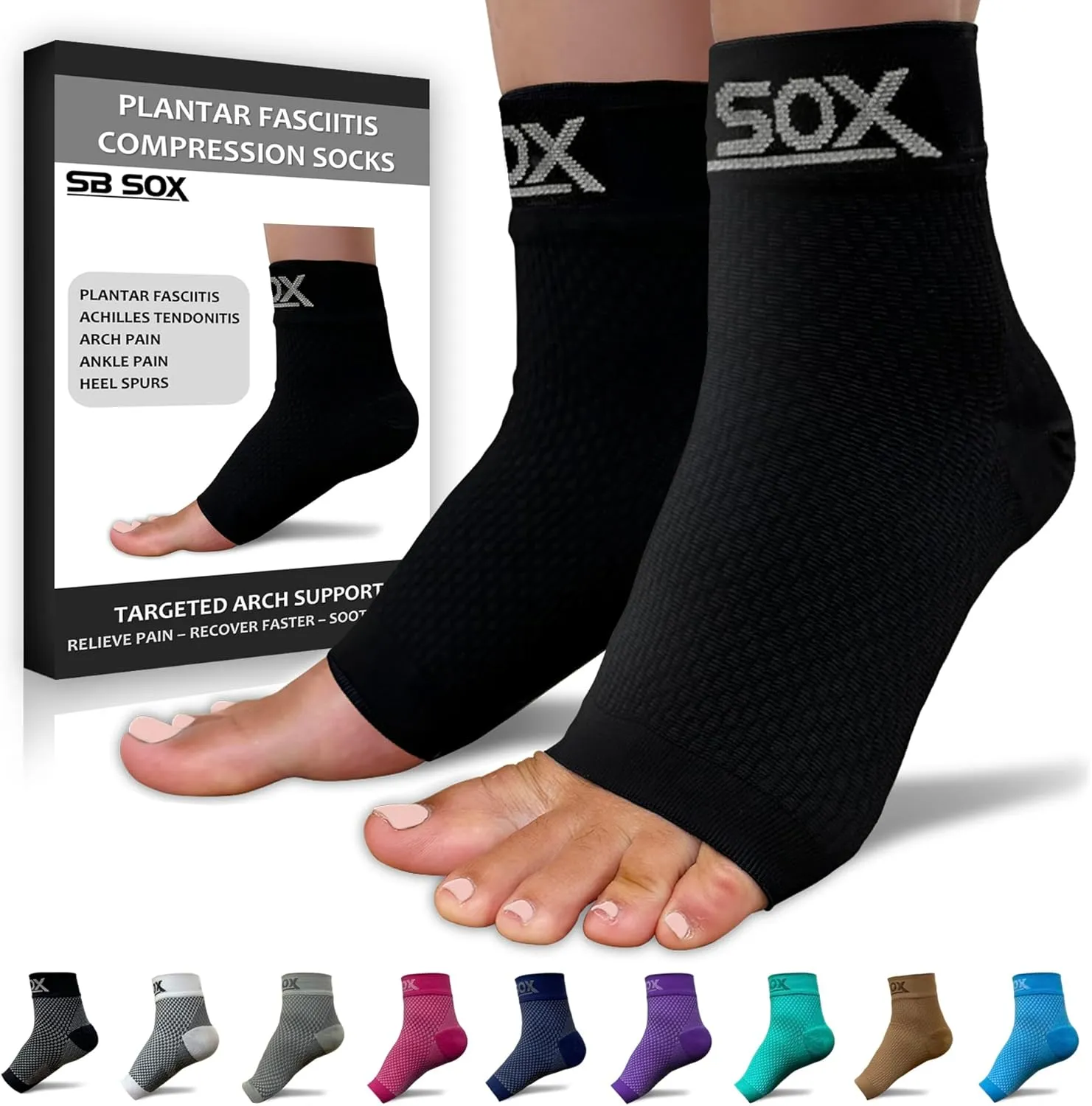SB SOX Plantar Fasciitis Relief Socks - Night Splint & Foot Brace for Achilles Tendonitis, Heel Pain, and Arch Support  Foot Compression Sleeve for Recovery, Foot Swelling, and Fatigue (Solid Black, Large)