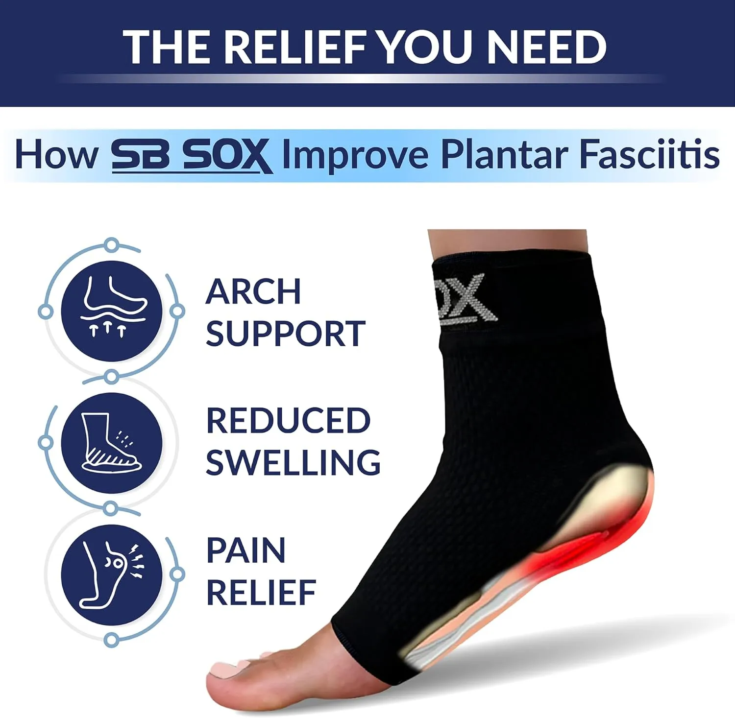 SB SOX Plantar Fasciitis Relief Socks - Night Splint & Foot Brace for Achilles Tendonitis, Heel Pain, and Arch Support  Foot Compression Sleeve for Recovery, Foot Swelling, and Fatigue (Solid Black, Large)