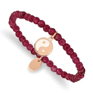 Stainless Steel Polished & Satin Rose IP YingYang Red Jade Stretch Bracelet