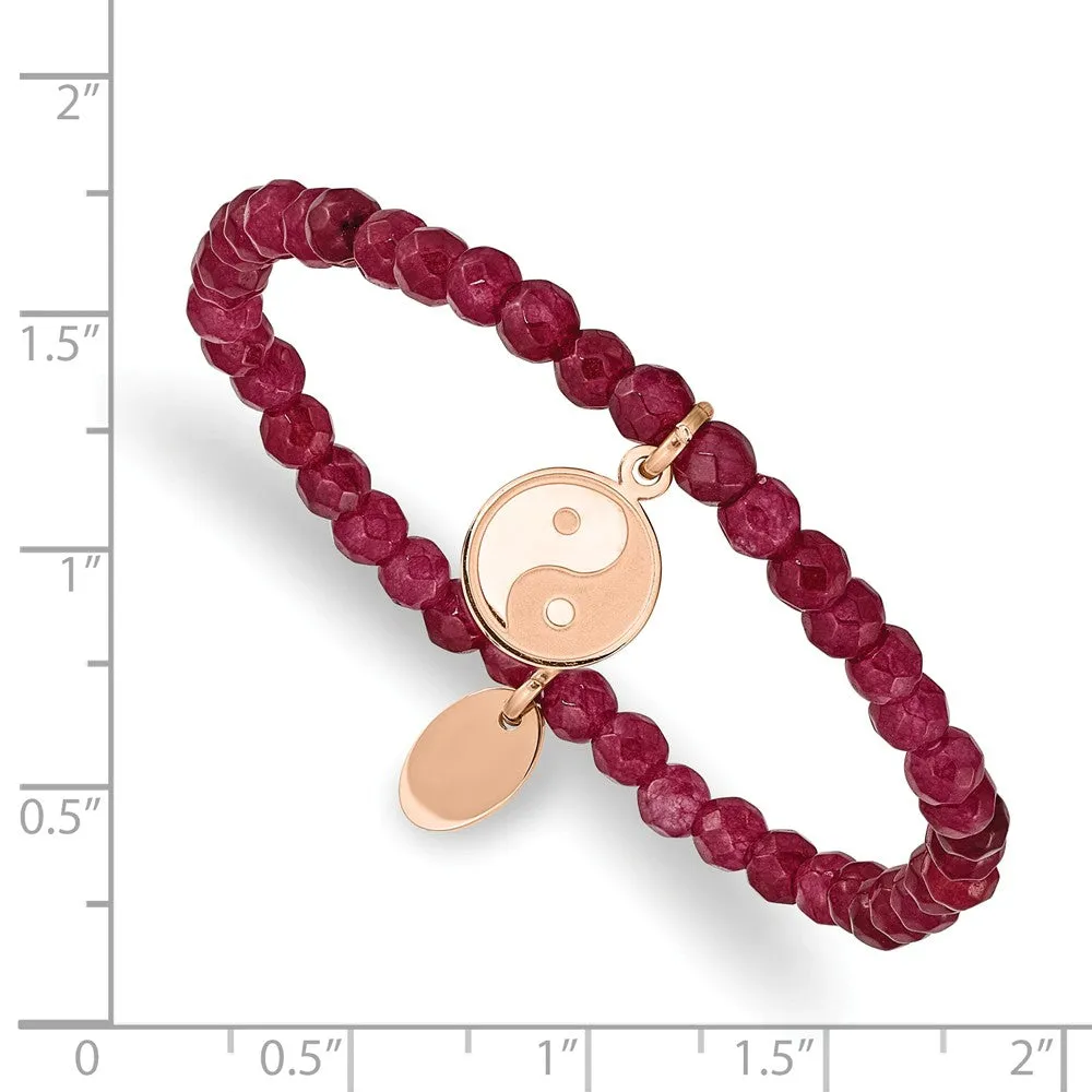 Stainless Steel Polished & Satin Rose IP YingYang Red Jade Stretch Bracelet