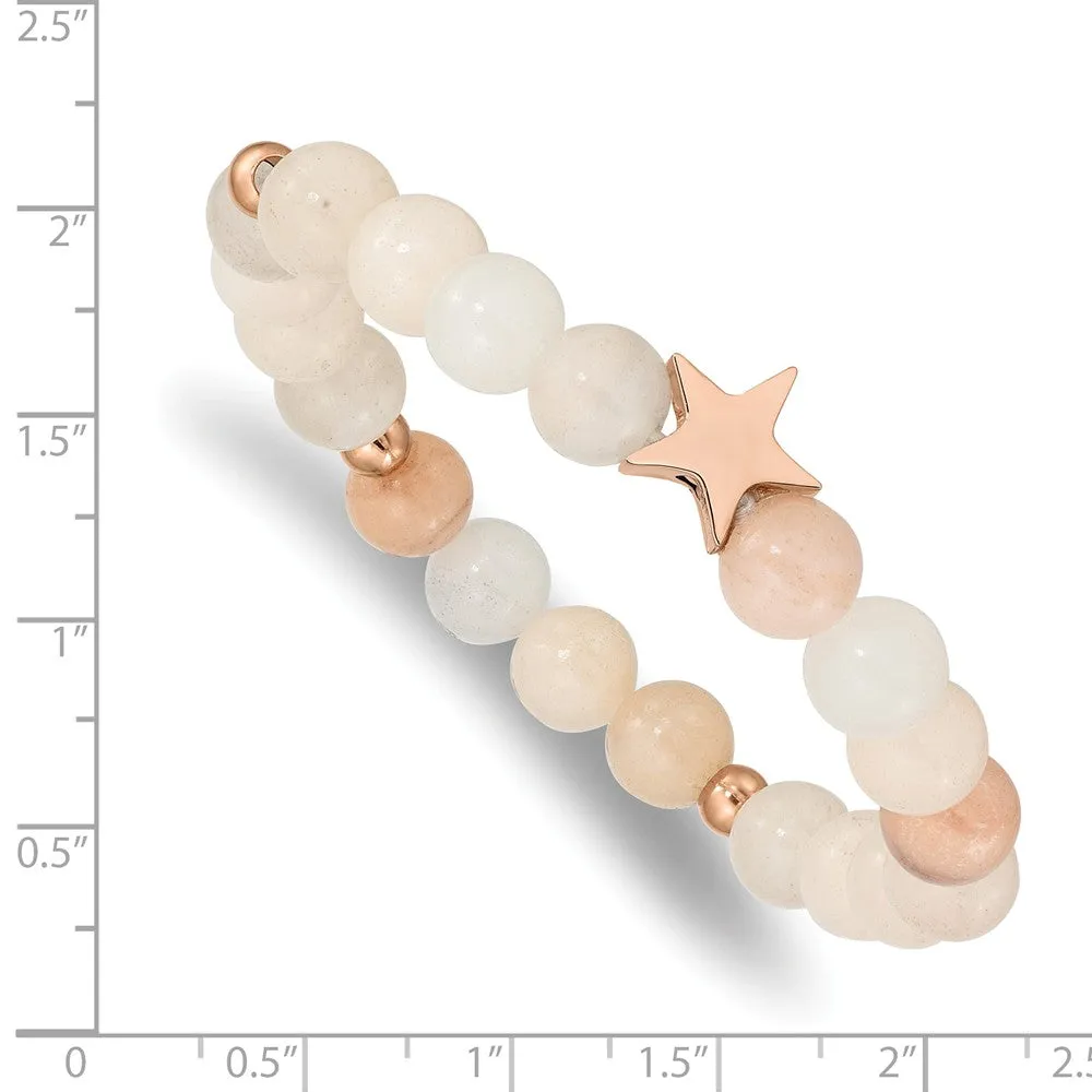 Stainless Steel Polished Rose IP Star White/Pink Aventurine Stretch Bracele