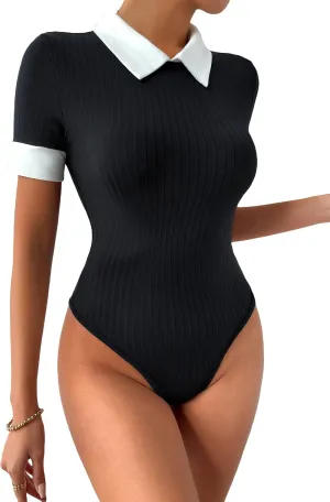 Verdusa Women's Colorblock Short Sleeve Collar Ribbed Skinny Bodysuit Top