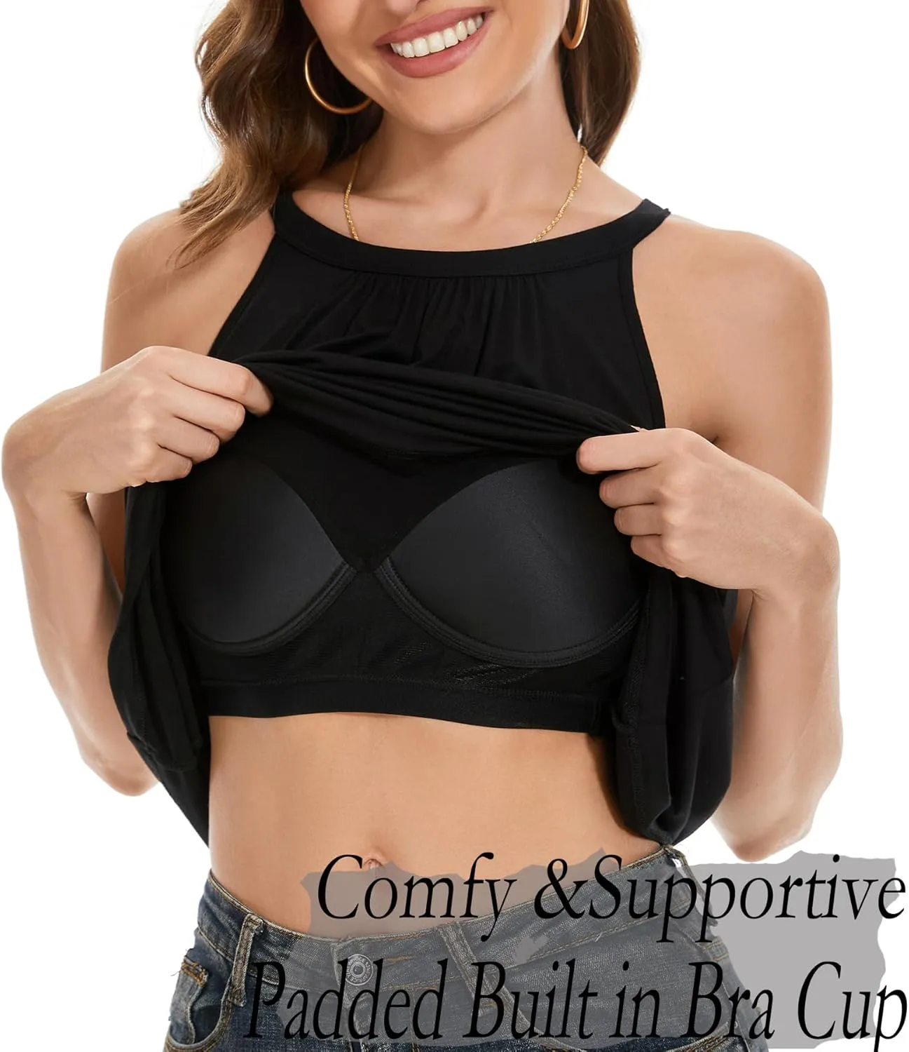 Women's Cami with Built in Bra Cup Casual Flowy Swing Pleated Tank Top with Adjustable Strap (S-4XL)