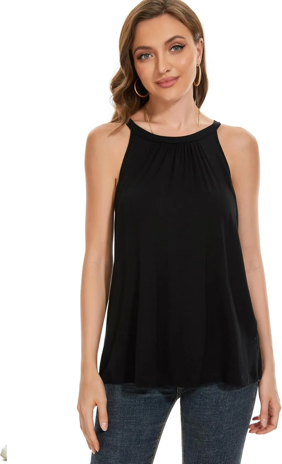 Women's Cami with Built in Bra Cup Casual Flowy Swing Pleated Tank Top with Adjustable Strap (S-4XL)