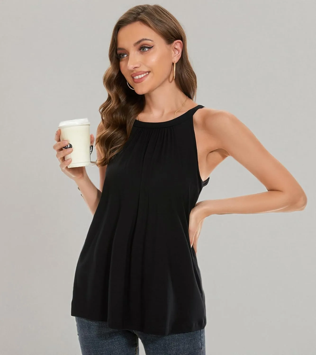 Women's Cami with Built in Bra Cup Casual Flowy Swing Pleated Tank Top with Adjustable Strap (S-4XL)