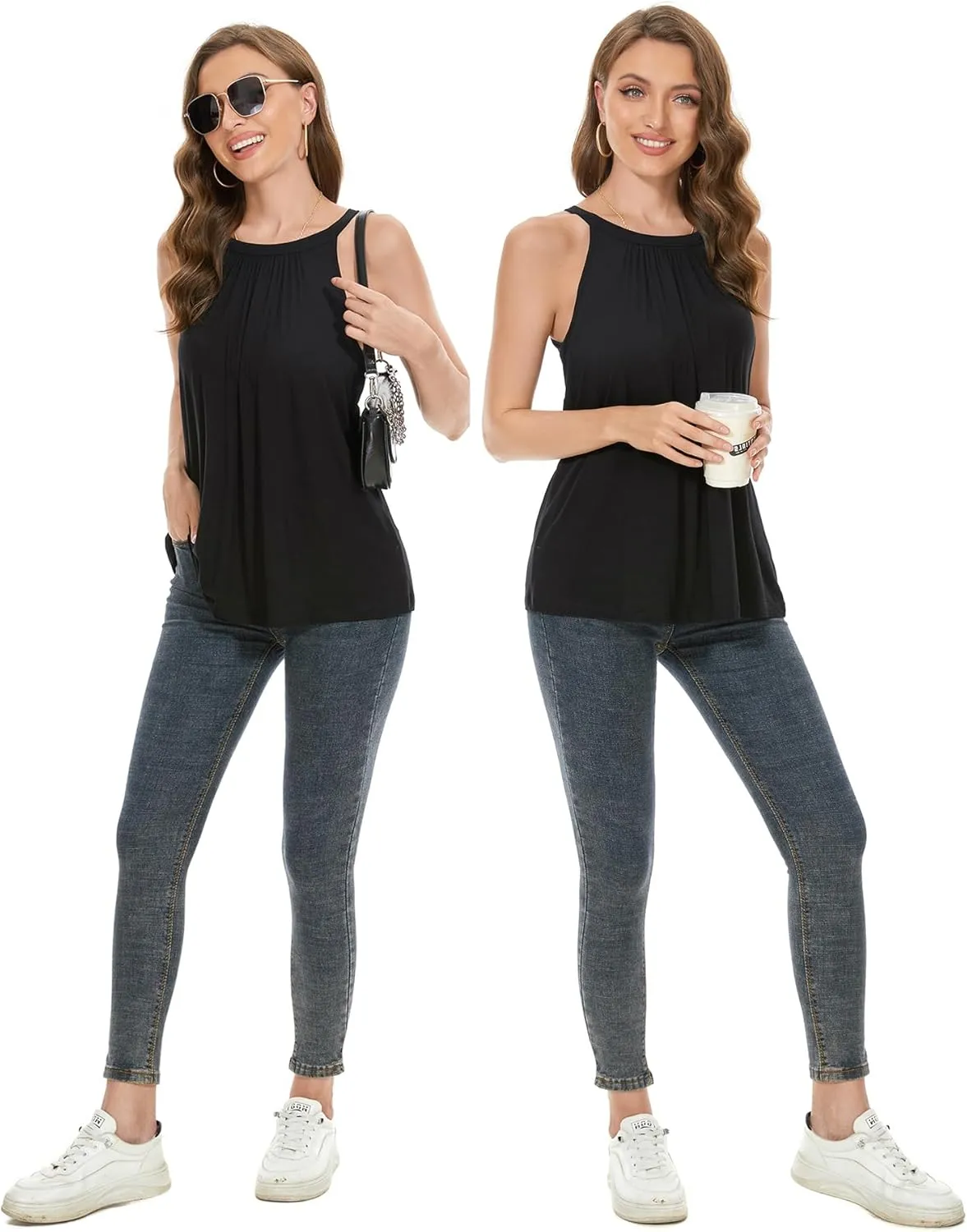 Women's Cami with Built in Bra Cup Casual Flowy Swing Pleated Tank Top with Adjustable Strap (S-4XL)
