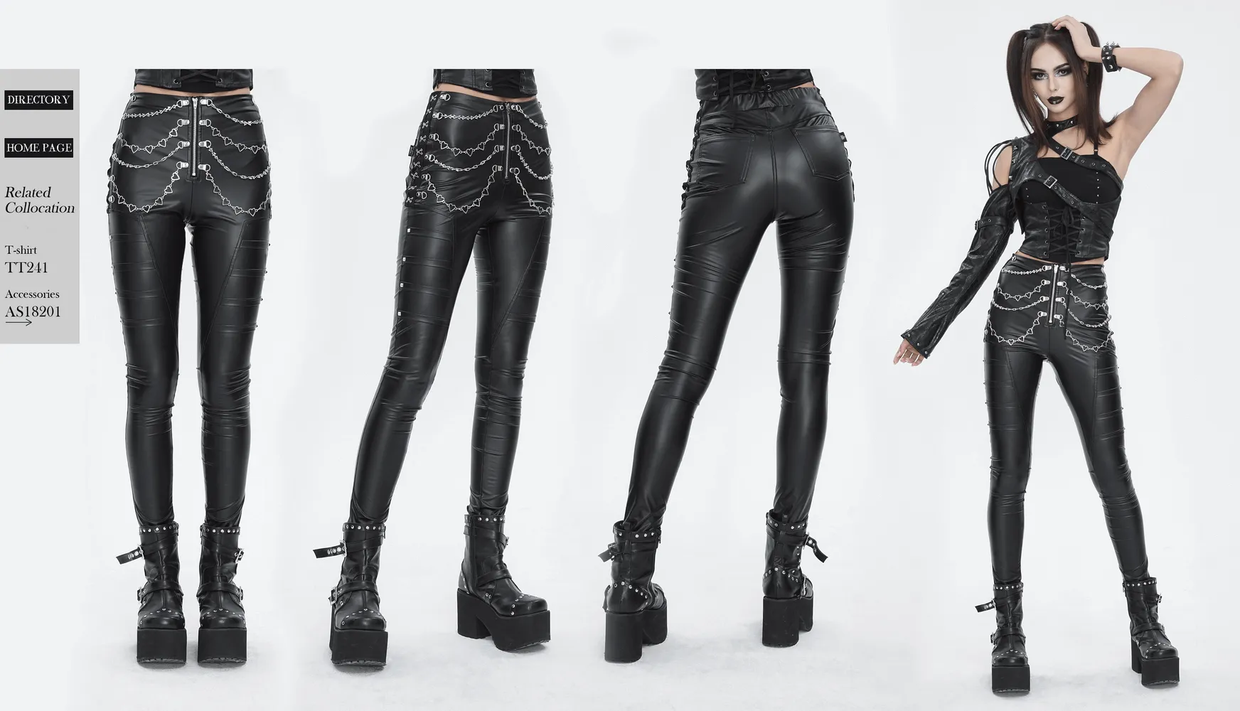 Women's Punk Slim Faux Leather Pants with Chains