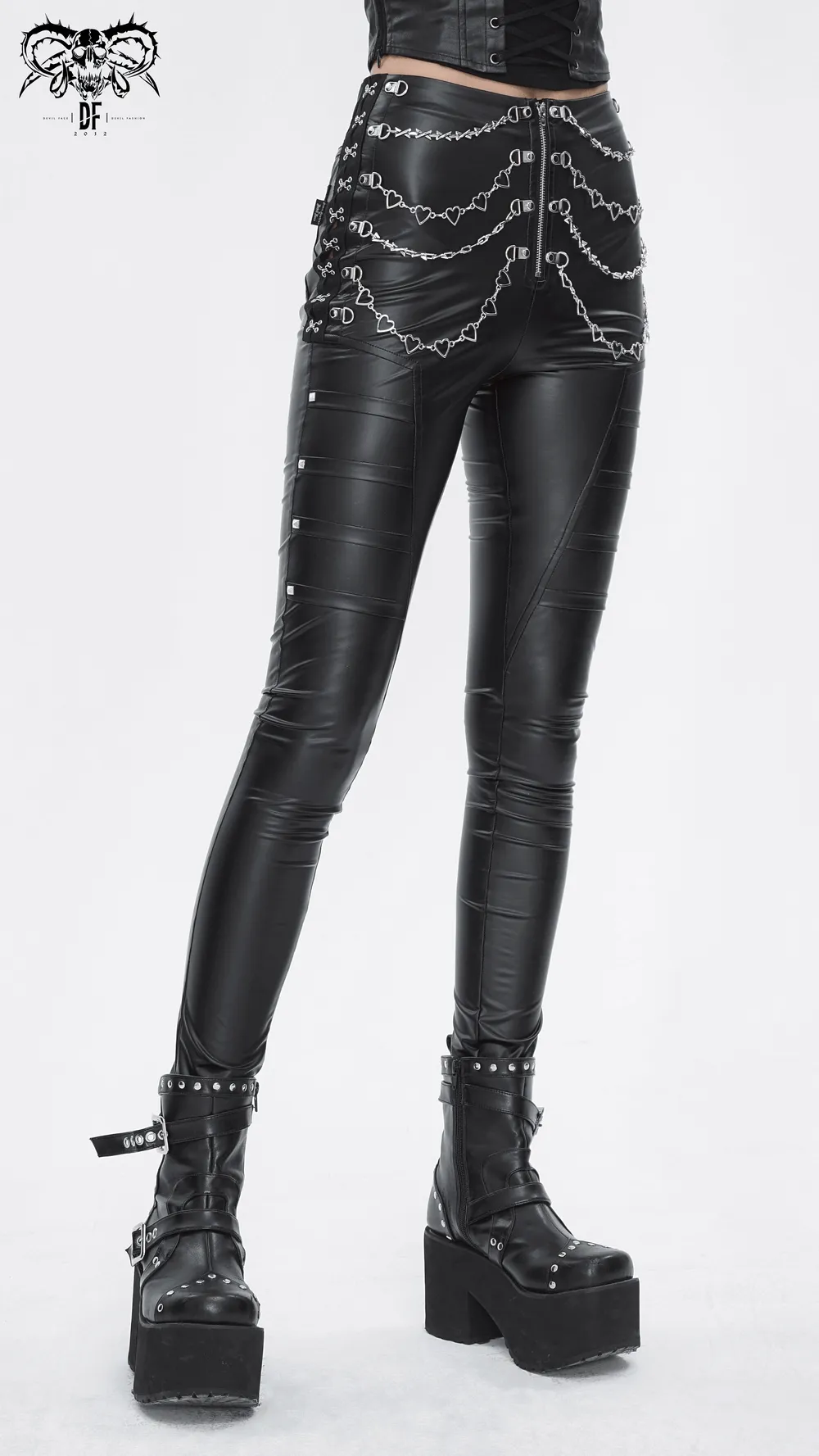 Women's Punk Slim Faux Leather Pants with Chains