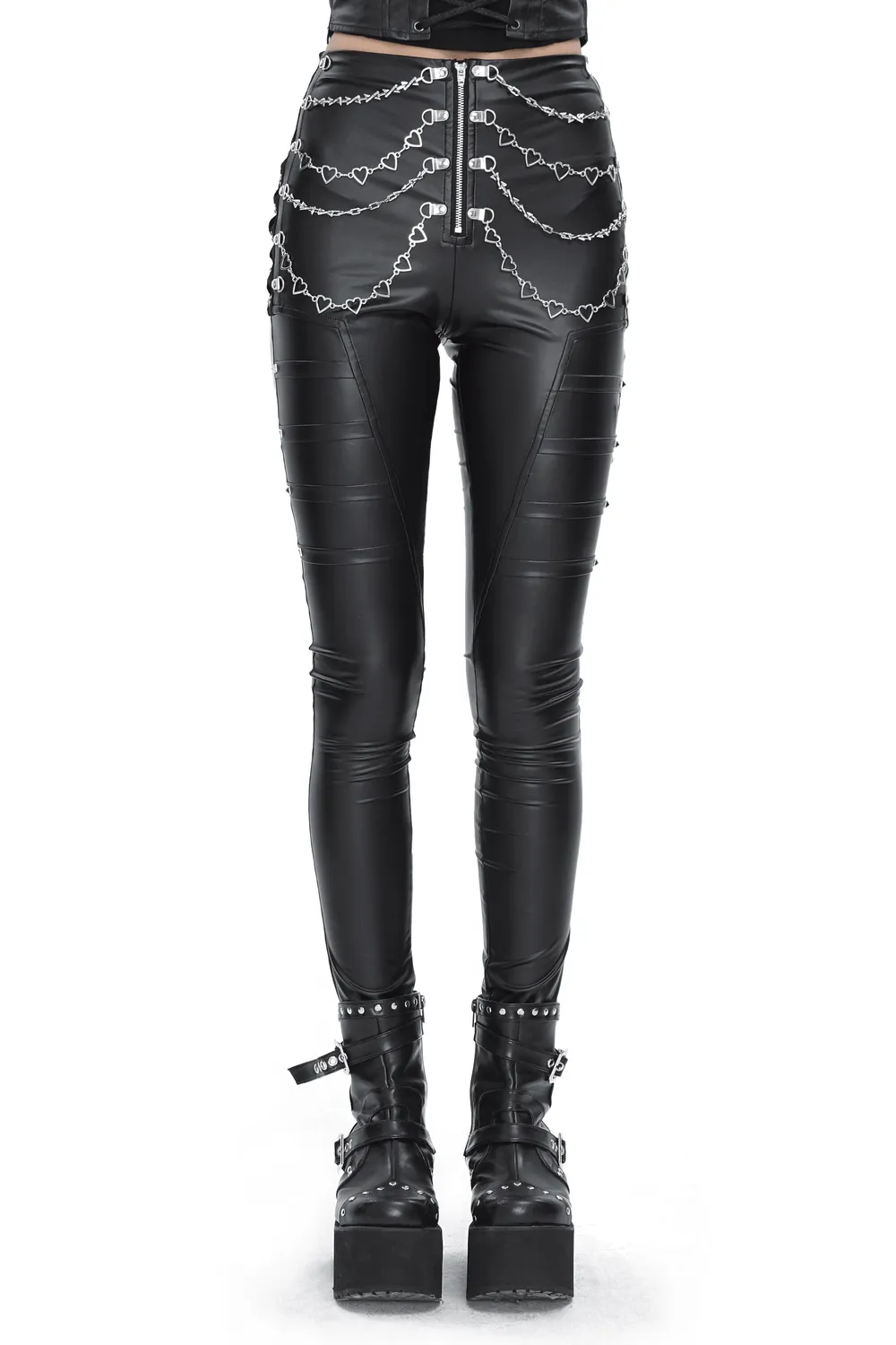 Women's Punk Slim Faux Leather Pants with Chains
