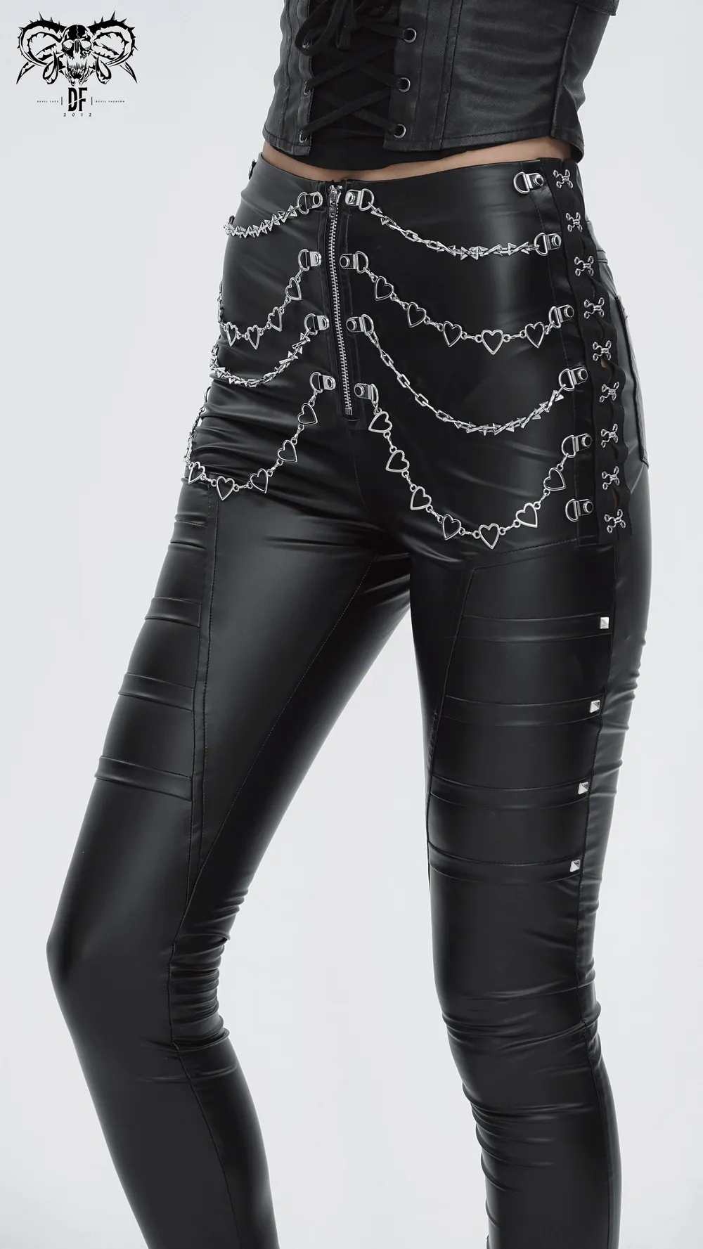 Women's Punk Slim Faux Leather Pants with Chains