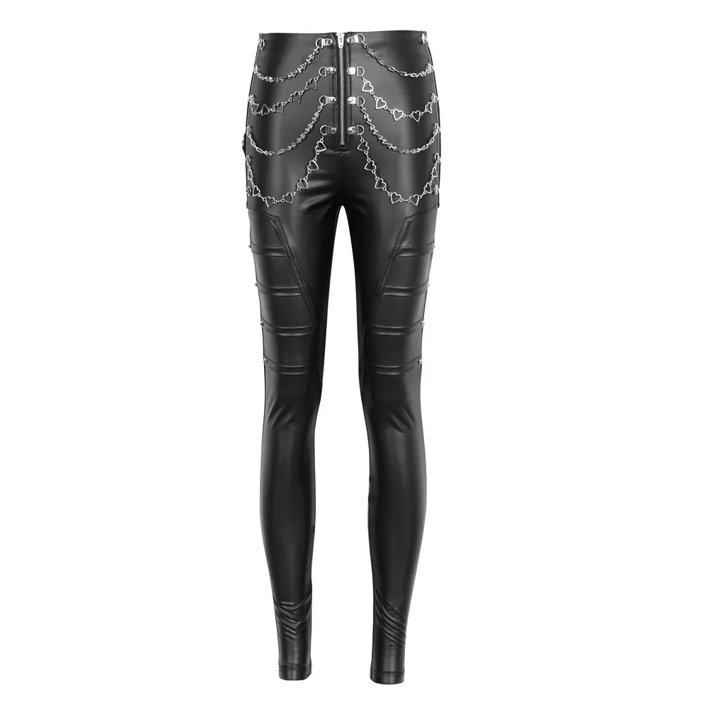 Women's Punk Slim Faux Leather Pants with Chains